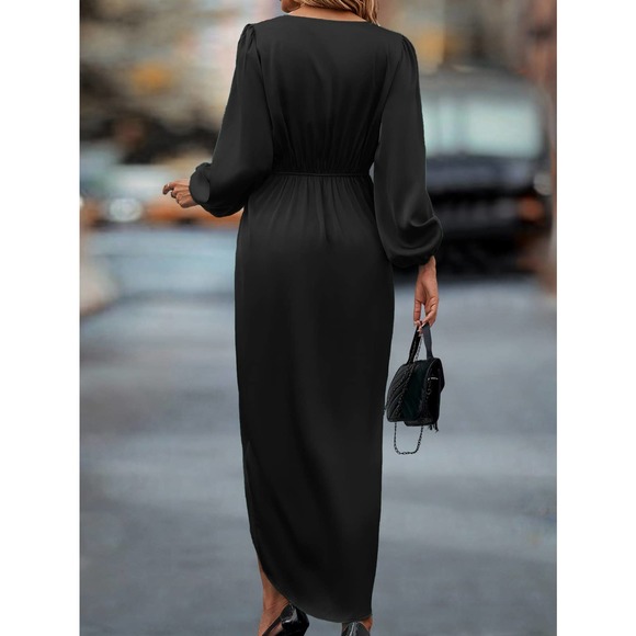 long sleeve  Lantern Sleeve Twist Front Wrap Hem Satin midi Dress green - Picture 3 of 11